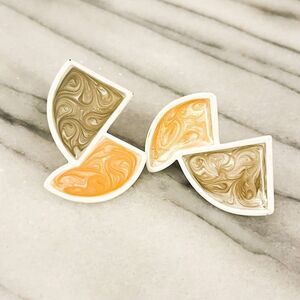 Vintage Monet Earrings Enamel White Yellow Green Geometric 80s Clip On